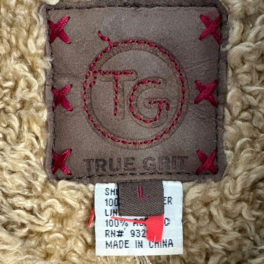 Vintage Y2K True Grit Tan Real Leather Faux Shearling Toggle Button Vest Medium - Picture 5 of 8